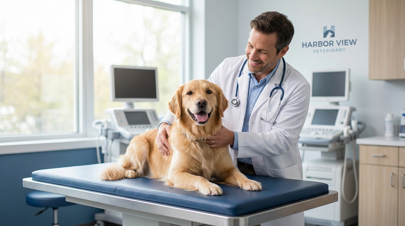 Veterinario examinando a un golden retriever en la clínica